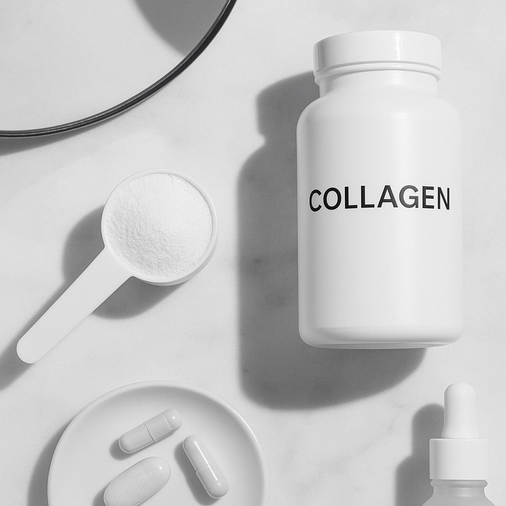 Collagen supplements and natural sources like bone broth and marine collagen on a white background