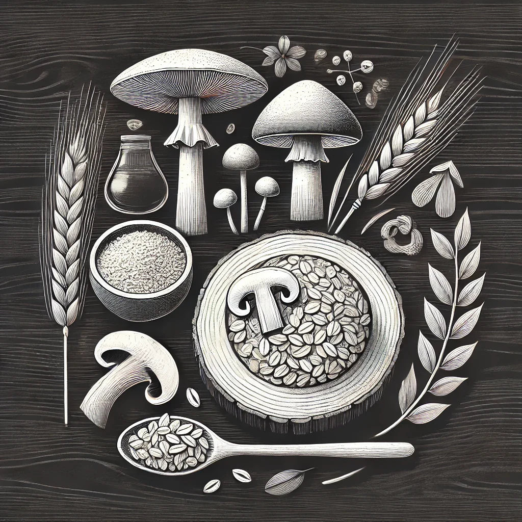 A variety of natural sources of beta-glucans, including mushrooms, oats, and barley, arranged on a wooden surface