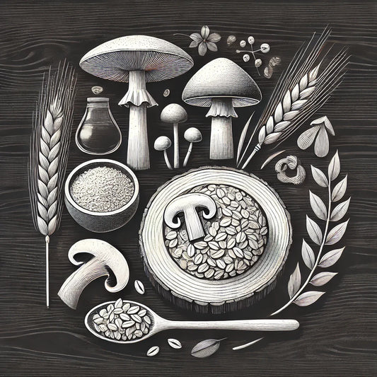 A variety of natural sources of beta-glucans, including mushrooms, oats, and barley, arranged on a wooden surface